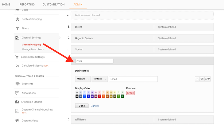 This image shows you how to add your email channel to the rest of your traffic reports in Google Analytics