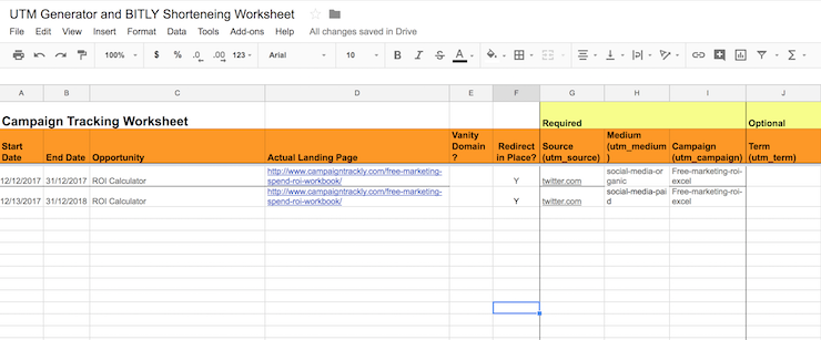 UTM Generator and BITLY SHortening Worksheet