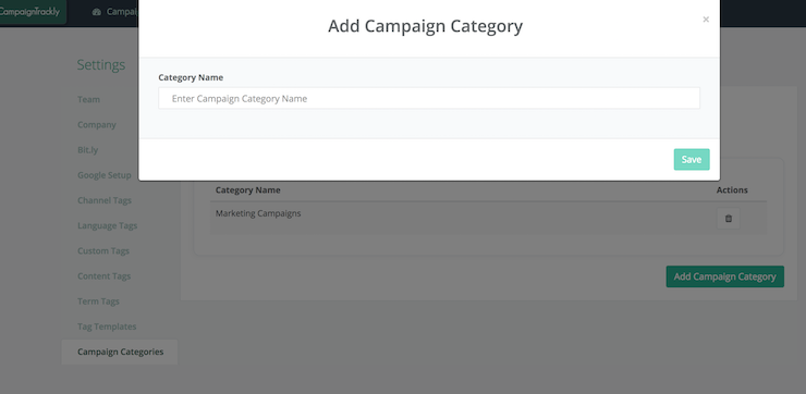 To create categories, please go to the Settings>Categories menu in CampaignTrackly