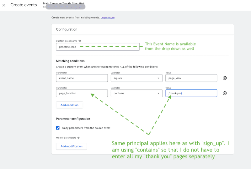 create a generate_lead conversion goal in GA 4