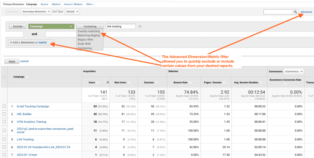 Google Analytics Advanced Filter Option