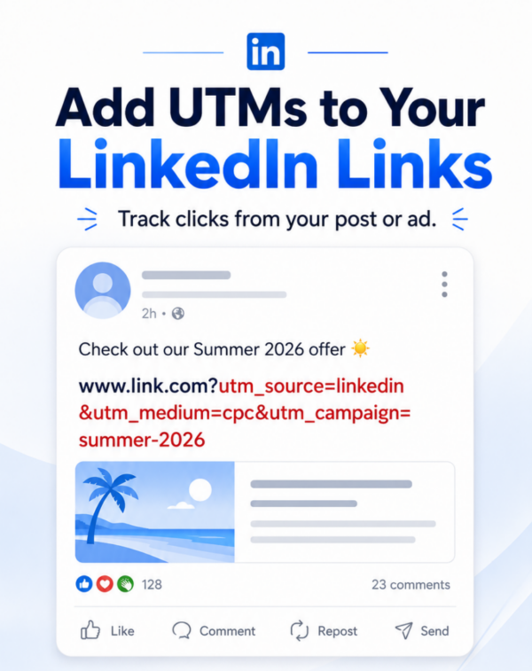 utm links explained UTM Links: LinkedIn promo banner: 'Add UTMs to Your LinkedIn Links' with a sample post preview showing a UTM-tagged URL (utm_source=linkedin).